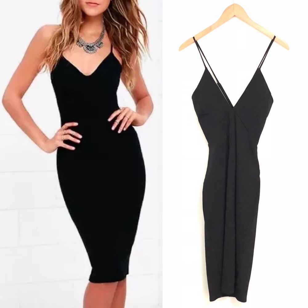Lulus Black Ponte Bodycon Dress Deep V-Neck EUC